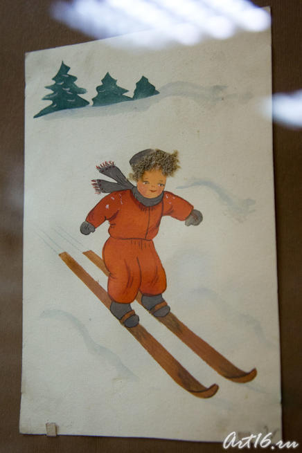 Довоенная открытка «Мальчик на лыжах»