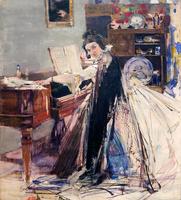 Портрет Надежды Михайловны Сапожниковой (у рояля). 1916.  Фешин Н.И.