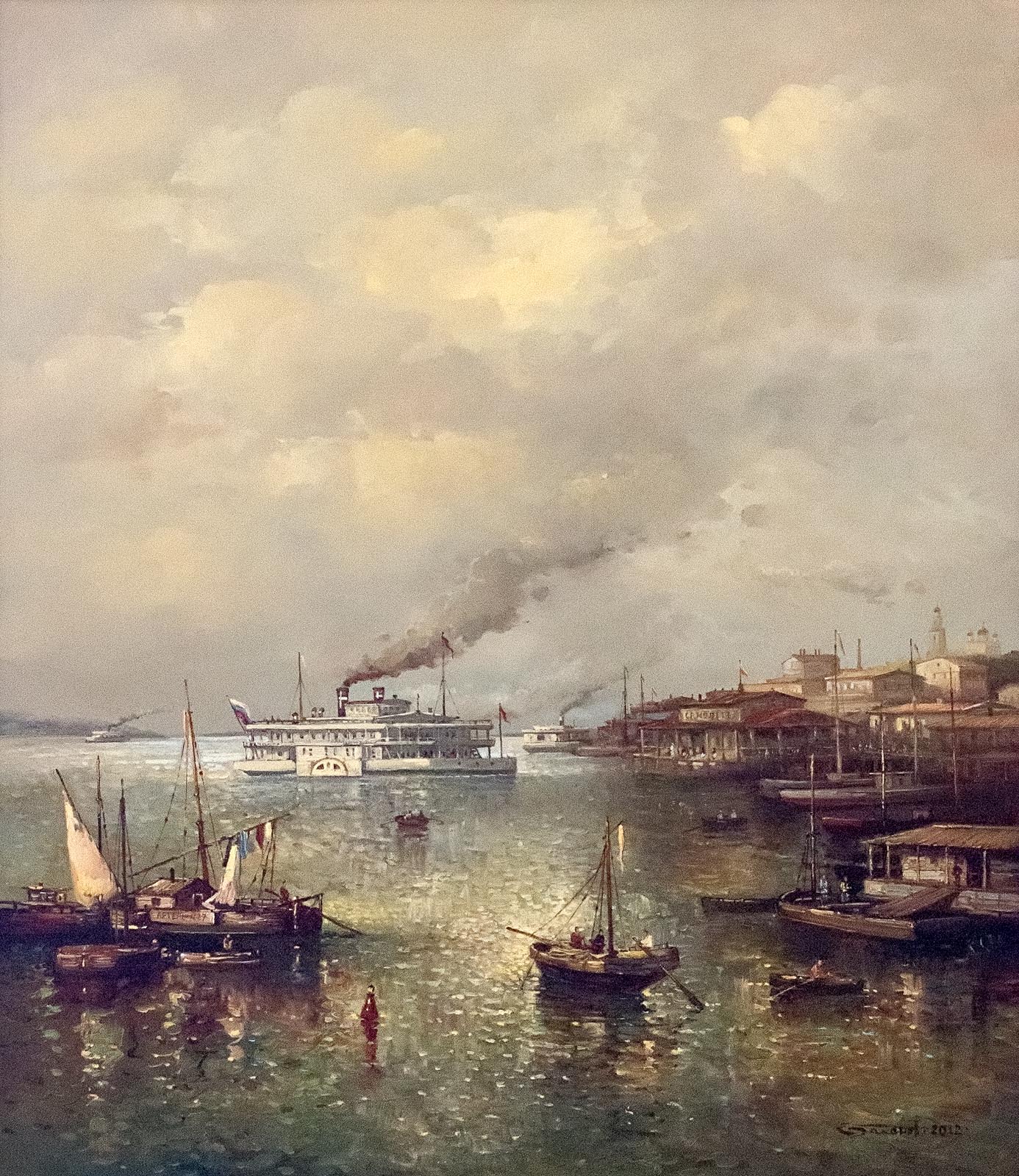 Прибывает пароход. Баканов художник Самара. Пароход Цесаревич 1869.