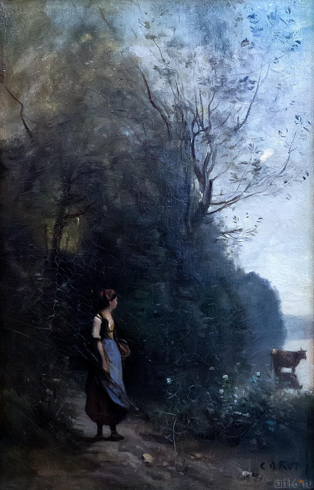КАМИЛЬ КОРО 1796- 1875 Крестьянка, пасущая корову у опушки леса. 1865-1870 Холст масло::Выставка «Французские импрессионисты и их эпоха» из собрания Государственного Эрмитажа