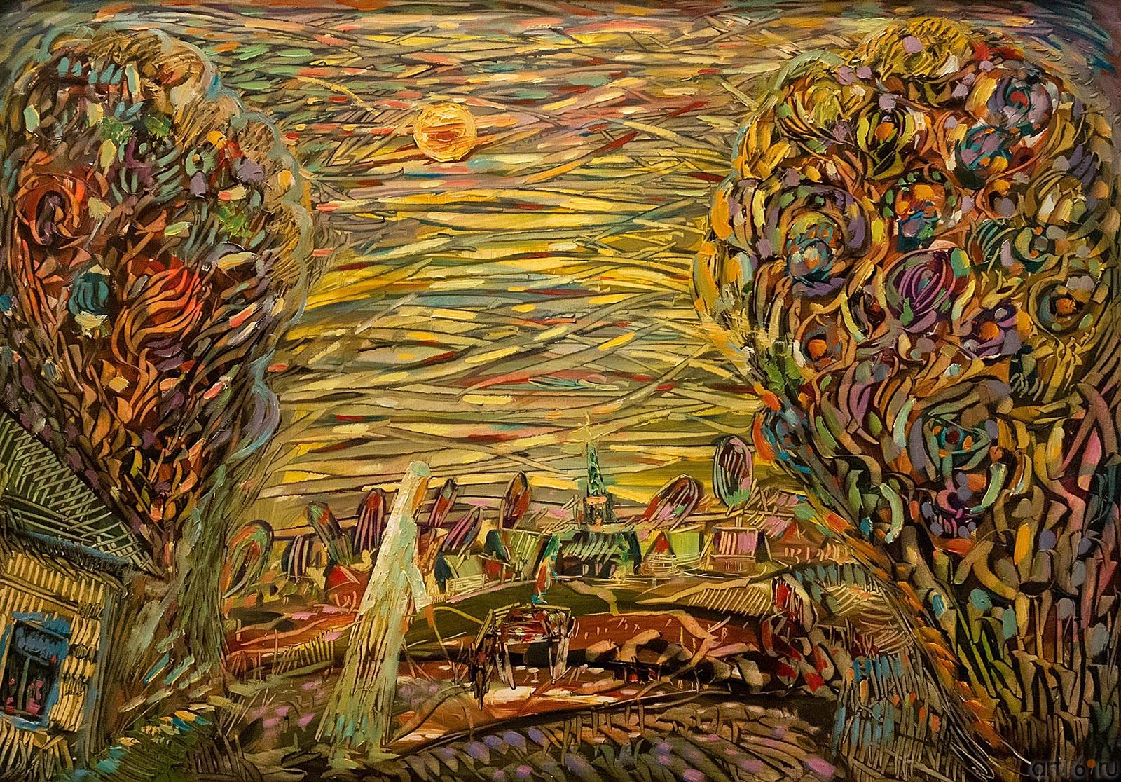 Хазиев Мадьяр Шарипович (1949 г.р.) ʺНа окраине деревниʺ 70x100 холст; масло 2009г.::Галерея "Артэко". Выставка группы "Тамга"