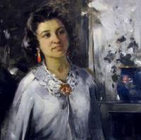 Портрет женщины в белом платье и алых серёжках. 1960-е.. Ф. Аминов
