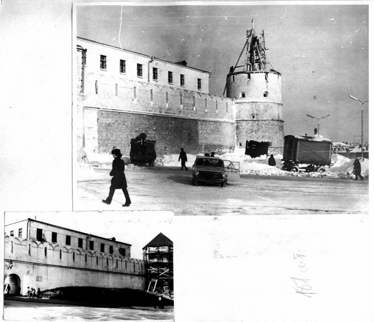 Юго-Восточная цилиндрическая башня. Реставрация после пожара в 70-х::Старинные фото и изображения Казани и Казанского Кремля