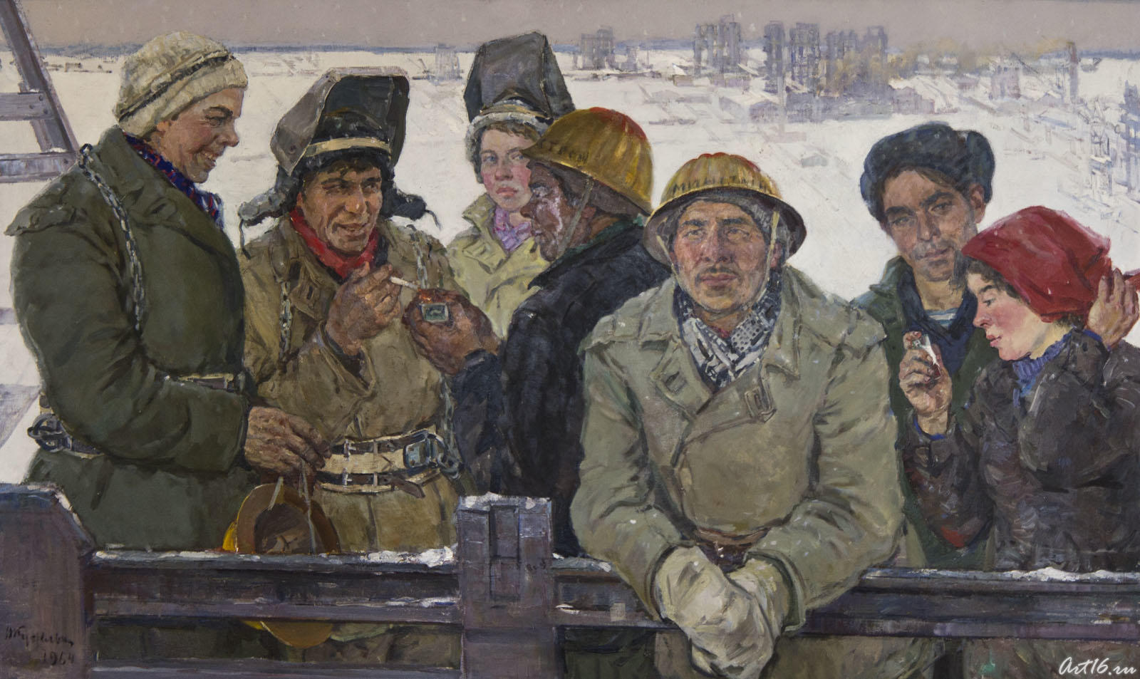 Групповой портрет строителей казанского з-да «Оргсинтез», 1964, холст, масло::Куделькин Виктор Иванович: «Мои герои - люди своего времени». Выставка к 100-летию со дня рождения, Казань-2011