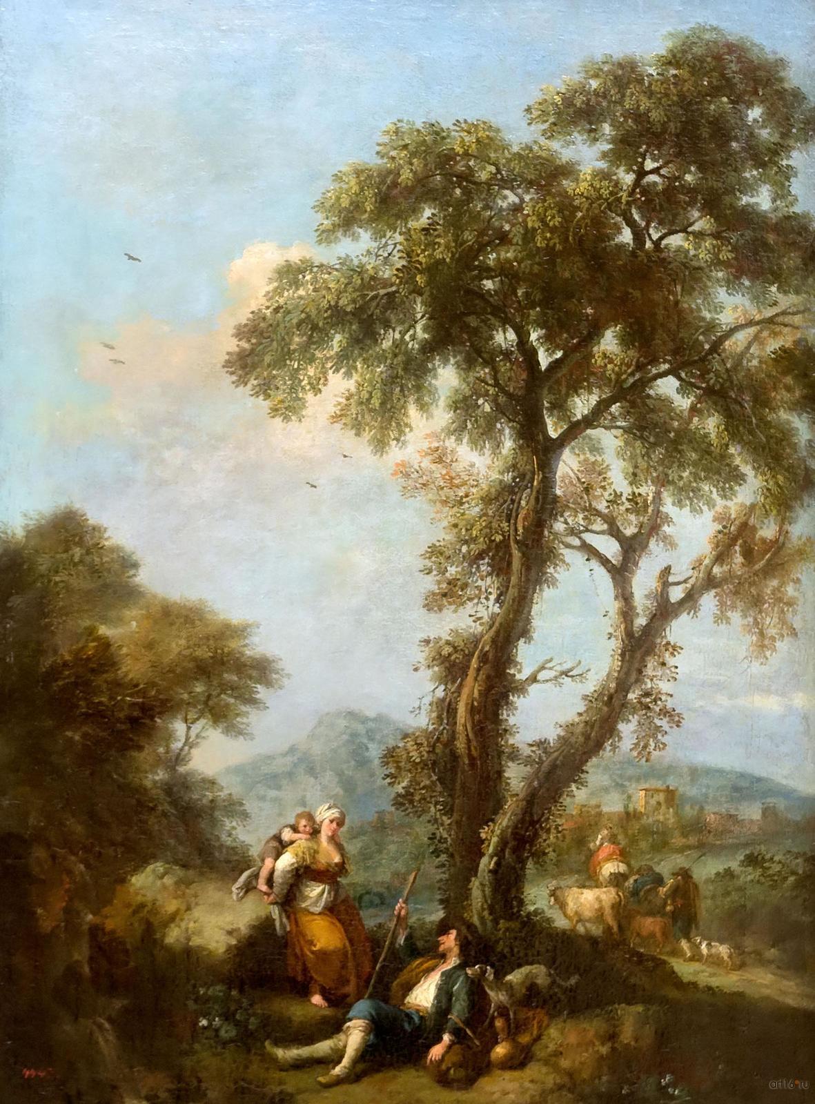 Фото №848323. ФРАНЧЕСКО ДЗУККАРЕЛЛИ Пнтюьяно, 1702 - Флоренция. 1788 Пейзаж с женщиной, несущей ребенка Холст, масло