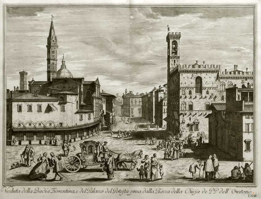 Фото №848408. ВИНЧЕНЦО ФРАНЧЕСКИНИ 1695,  Флоренция Вид площади около Флорентийского аббатства и дворца Подеста (Барджелло). 