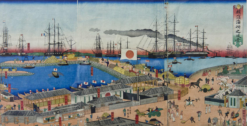 Утагава Садахидэ (1807-1873). Лист из серии ʺВиды побережья Йокогамаʺ::Японские гравюры