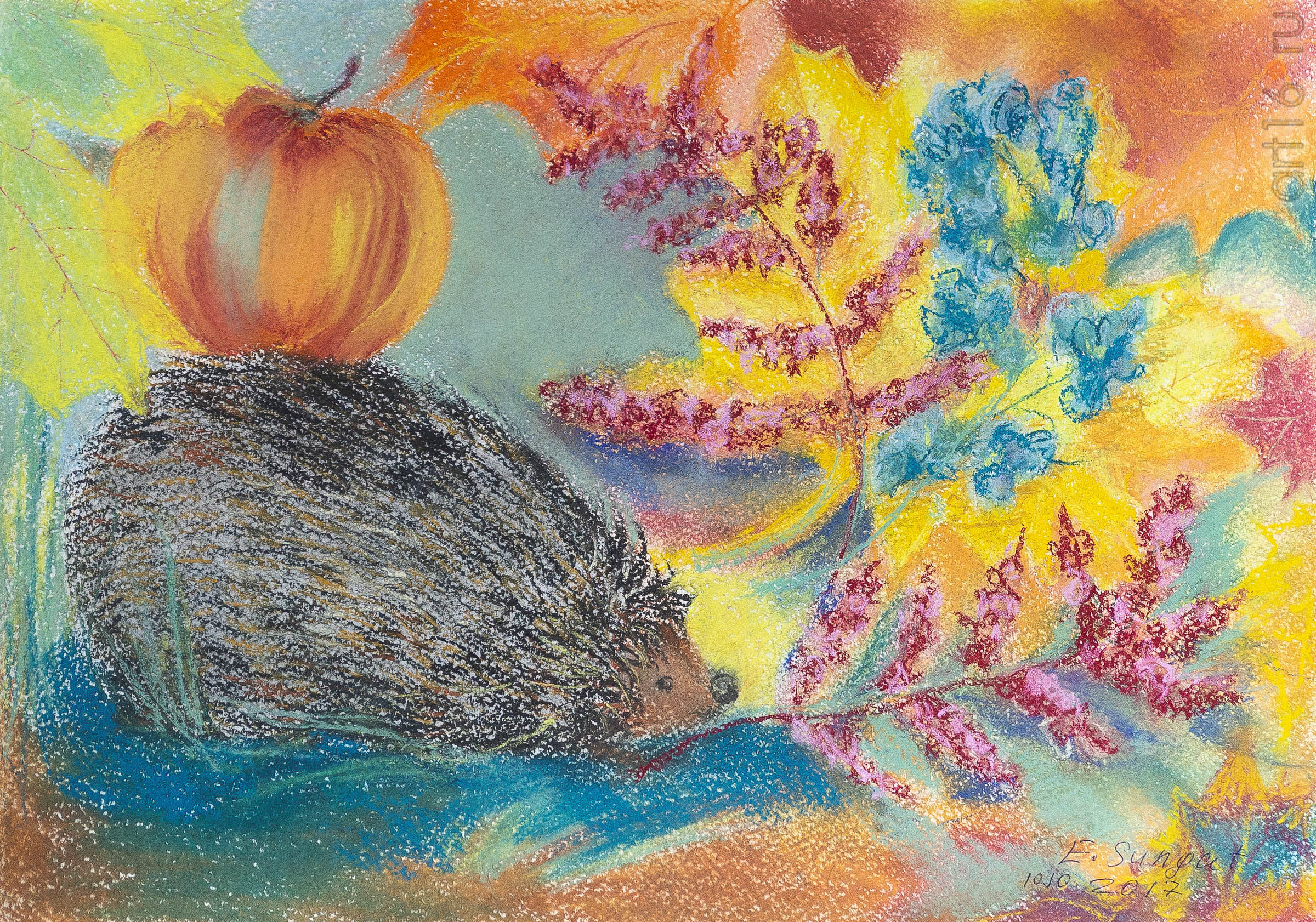 Ежик. 2017. Сунгатова Елена::Акварель. Пастель. Гуашь