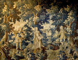 Гобелен, на котором изображены три персонажа, окруженные зеленью. Окантовка с гирляндами цветов. Конец 17 века. Высота – 277 см,