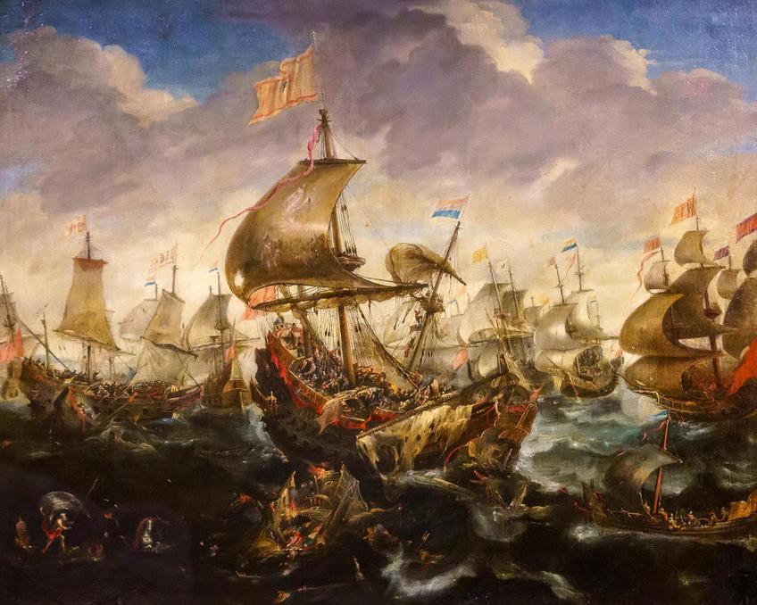 Сражение испанского флота с кораблями восставшей Голландии в мае 1573 года во время осады Харлема:: «Золотой век фламандского искусства» из собрания Государственного Эрмитажа